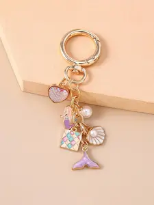 Elegant Shell Mermaid Tail Starfish Keychain, Baroque Imitation Pearl Shell Heart Key Ring, Cute Bag Charm, Small Gift, Fashionable Alloy Keychain