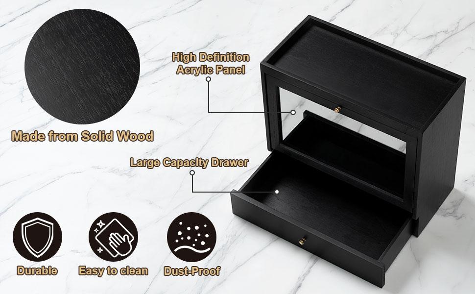 Emfogo Men's Wooden Cologne Organizer - 3-Tier Vanity Display Shelf with Dustproof Acrylic Panel, Drawer, Large Capacity for Dresser, Black - Ideal Gift for Boyfriend, Unique Mens Gift, Gifts For Boyfriend