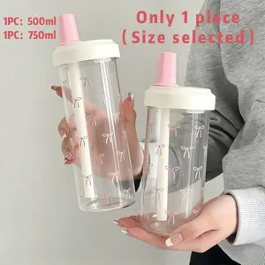 Cute Bow Pattern Straw Water Bottle, Clear Portable Large-Capacity Reusable Drinking Cup with Lid, Drinking Bottle for Home, Office, School and Outdoor Use, Drinkware, 1 Count #TOP PICKS