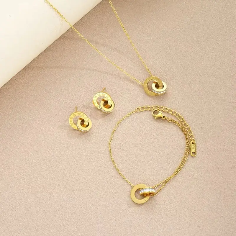 4Pcs/Set Stainless Steel Crystal Necklace Bracelet Earrings for Women Gold Color Interlocking Circles Roman Numbers Jewelry Sets