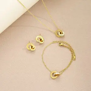 4Pcs/Set Stainless Steel Crystal Necklace Bracelet Earrings for Women Gold Color Interlocking Circles Roman Numbers Jewelry Sets