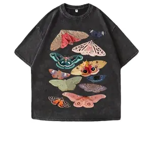 Women's Vintage Washed Moth Print Short-Sleeve T-Shirt - Retro Butterfly Graphic, Colorful Streetwear, Breathable Fabric, Oversized Dark Academia Casual Top,summerwins