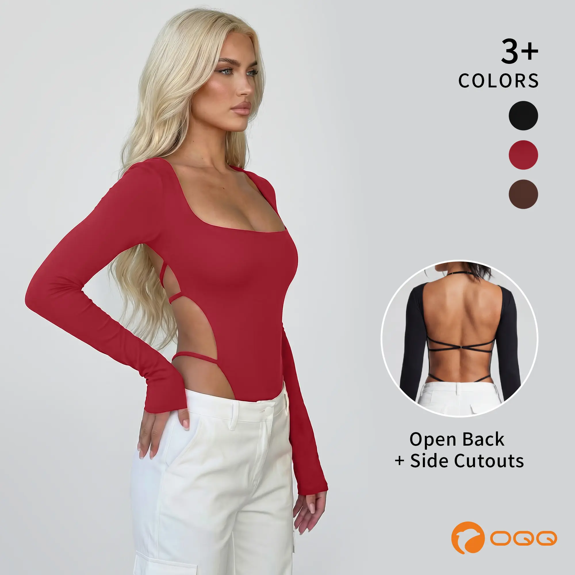 OQQ Women's Long Sleeve Square Neck Back-Cutout Bodysuit - Trendy Stylish Criss-Cross Back Tops for Women, Night Out, Going Out Clubbing