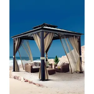 12' x 12' Hardtop Gazebo, Heavy Duty Aluminum Frame & Double Galvanized Steel Roof Pavilion with Curtains & Mosquito Netting, All-Season Weather-Resistant Outdoor Metal Shelter for Patio, Deck, Backyard, Lawn, Garden, Khaki
