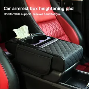 Car Center Console Cover, Leather Armrest Cover for Car, Universal Middle Console Cushion with Storage Box, Cup Holder, Tissue Box & Phone Slot, Luxury Waterproof Interior Accessories, Black