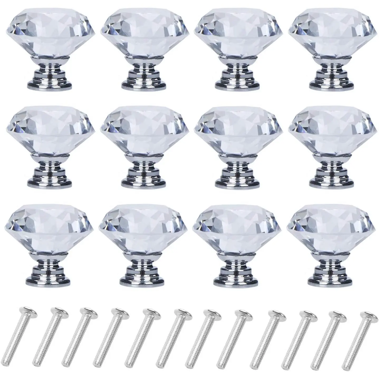 12 Pack 30mm Diamond Shaped Crystal Glass Silver Drawer Cabinet Knobs Pull Handles