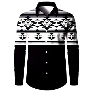 [Tribal Pattern Shirt] Black and White Men's Tribal Pattern Long Sleeve Shirt - Casual 100% Polyester Woven Fabric, All-Season Lapel Collar with Button Details, Regular Fit, 120gsm