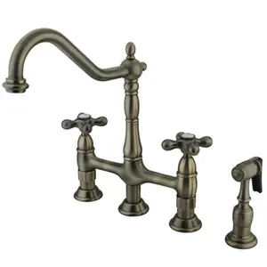 Kingston Brass  Heritage 8-Inch Kitchen Bridge Faucet with Brass Sprayer Antique Brass