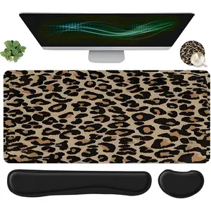 4pcs Beige Leopard Print Design Mouse Pad + Keyboard Wrist Rest + Ergonomic Mouse Pad + Coaster Set, Office Accessories Set with Ergonomic Wrist Support, Computer Mat for Desktop Decoration, Suitable for Home Office Gaming