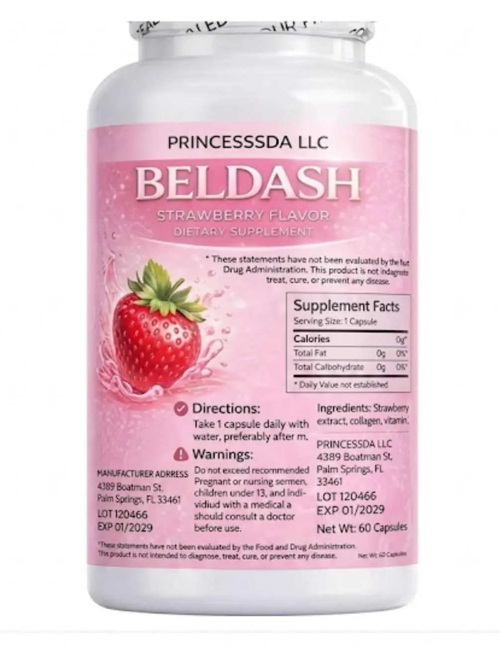Princesssda LLC Beldash Strawberry Flavor Dietary Supplement 60 Capsules with Strawberry Extract Collagen & Vitamin