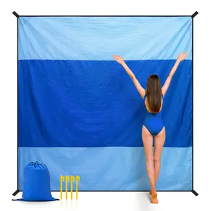 Extra Large Beach Blanket, Sand Free, Large Oversized Camping Mat, Comfortable Parachute Nylon, Cozy& Chic, Compact& Light, 4 Stakes&1 Travel Bag, S09,Blue