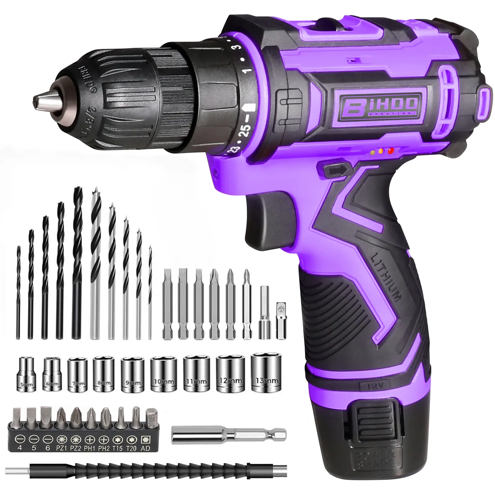 BiHoo 12V Rechargeable Cordless LED Light Drill Set for Women, Purple 3/8-Inch Keyless Chuck High Torque Electric Power Driver Compact All-in-1 DIY Home Tool Kit