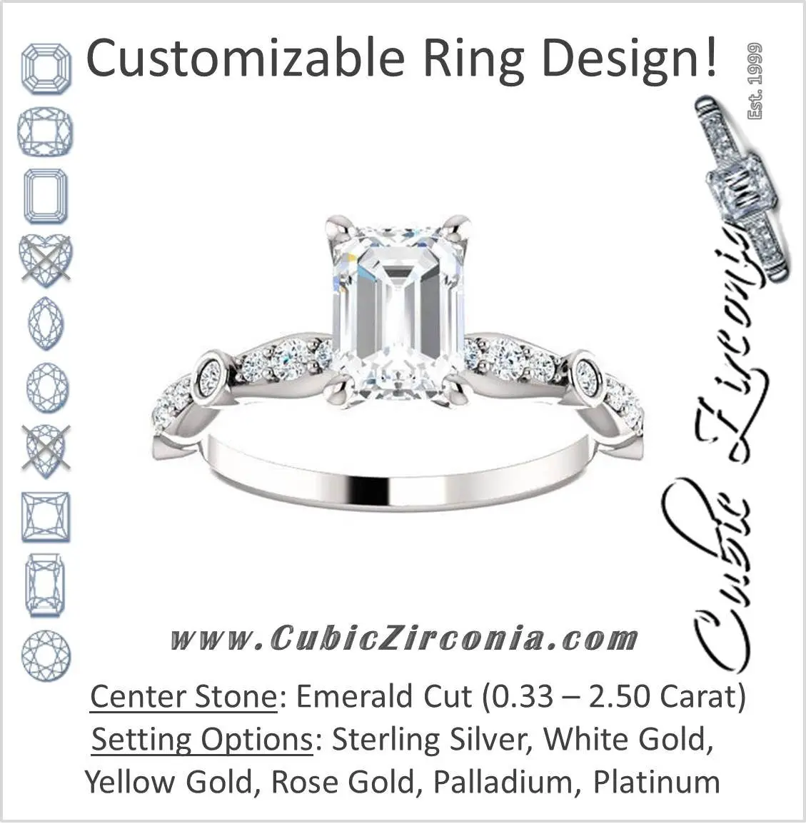 Cubic Zirconia Engagement Ring- The Lindsay (Emerald Cut Ladies' Belt-Inspired Customizable Setting with Bezel-Set Pave Band)