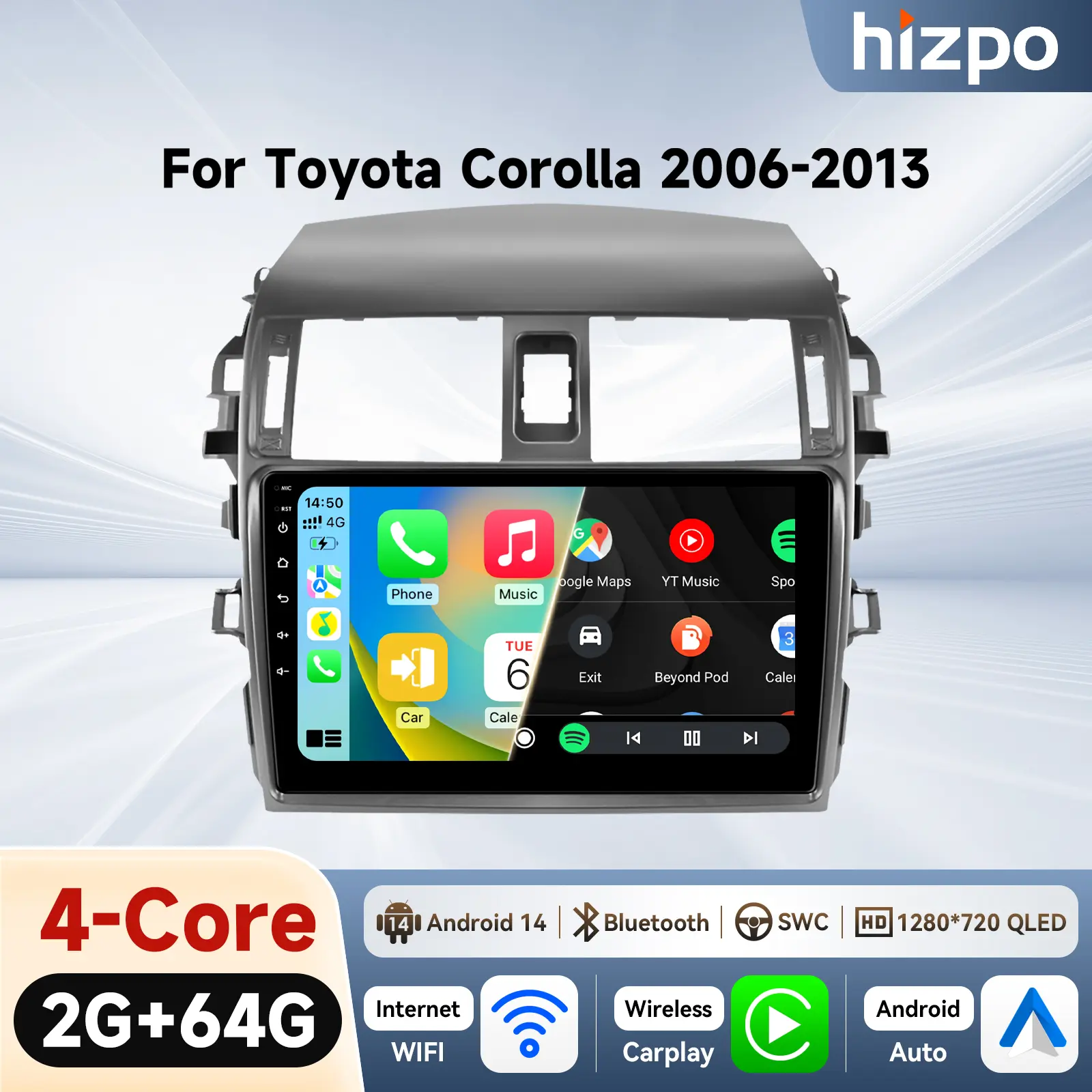 9-in Capacitive Touchscreen Android 14 Car Head Unit for Toyota Corolla E140-E150 (2006-2010) - Vehicle Accessories with CarPlay Android Auto, 2GB RAM, 32GB ROM, Bluetooth, Pre-installed Navigation, Wi-Fi, Car Display Screen