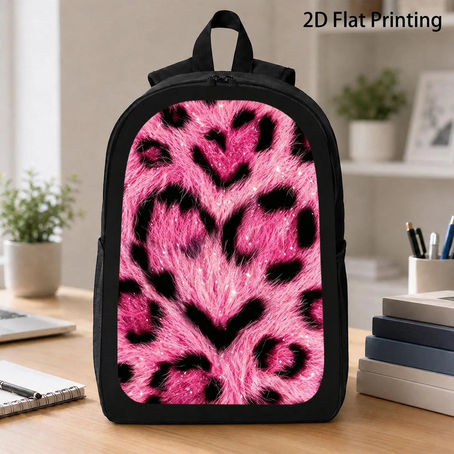 Pink Furry Leopard Print, Casual Backpack, Travel Laptop Backpack, 2D Flat Printing, Rucksack with Ample Capacity-suitable for Travel, Daily Use, and Commuting, 2D Flat