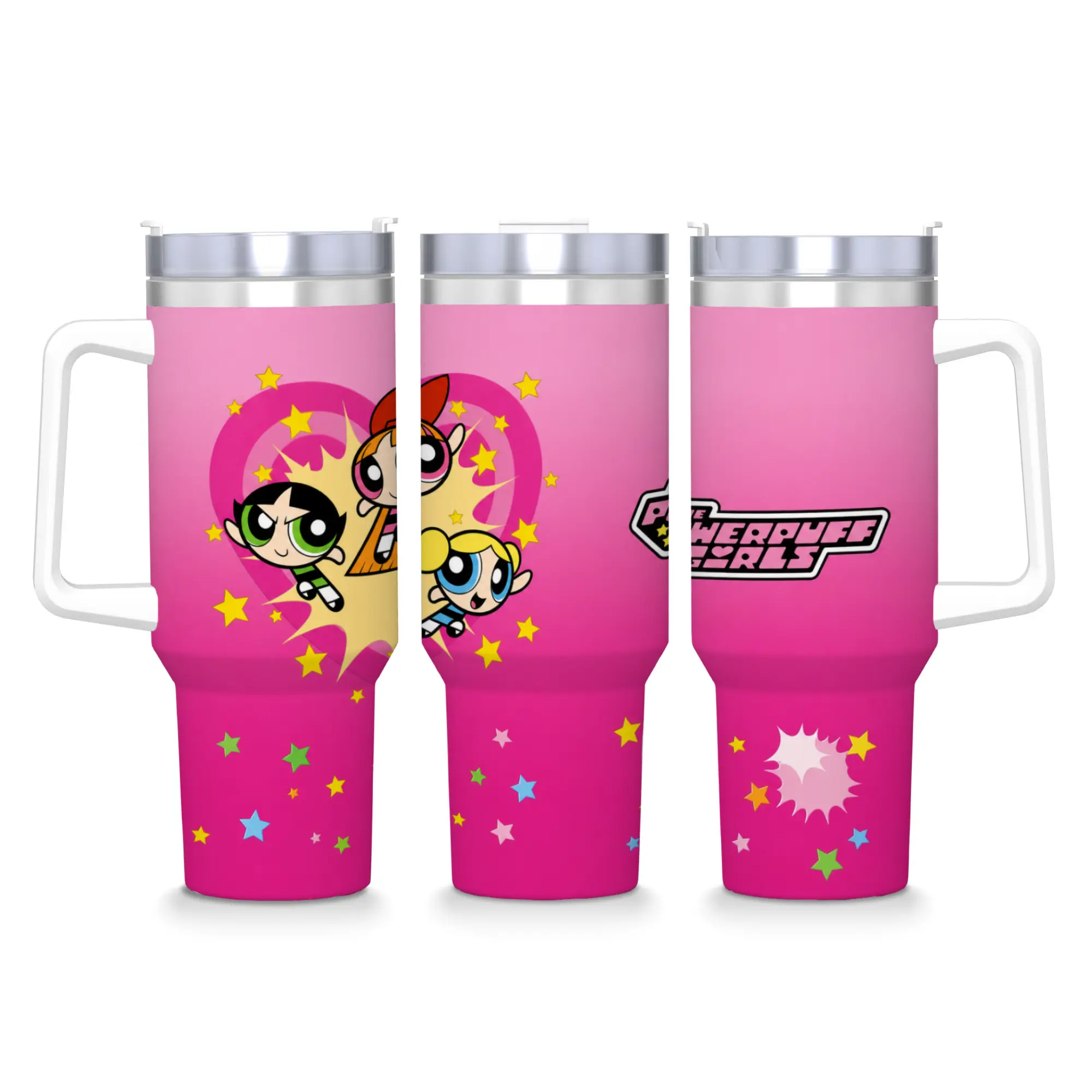 Powerpuff Girls 40oz-Updated Pink Handle Stainless Steel Insulated Flask - Full Wrap Colorful Heart Star Design, Classic 90s Retro Cartoon Travel Mug with Lid, Sturdy Nostalgic Gift for Cartoon Lovers, Flasks