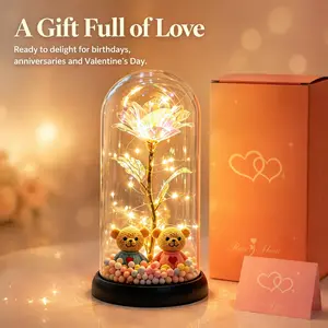 Couples’ knitted bear starry sky rose glass dome night light, warm LED multicolor string lights, dustproof transparent glass ornament, 20.7 cm romantic desktop decoration, heartfelt gift for Valentine’s Day, anniversaries, birthdays for girlfriend or wife