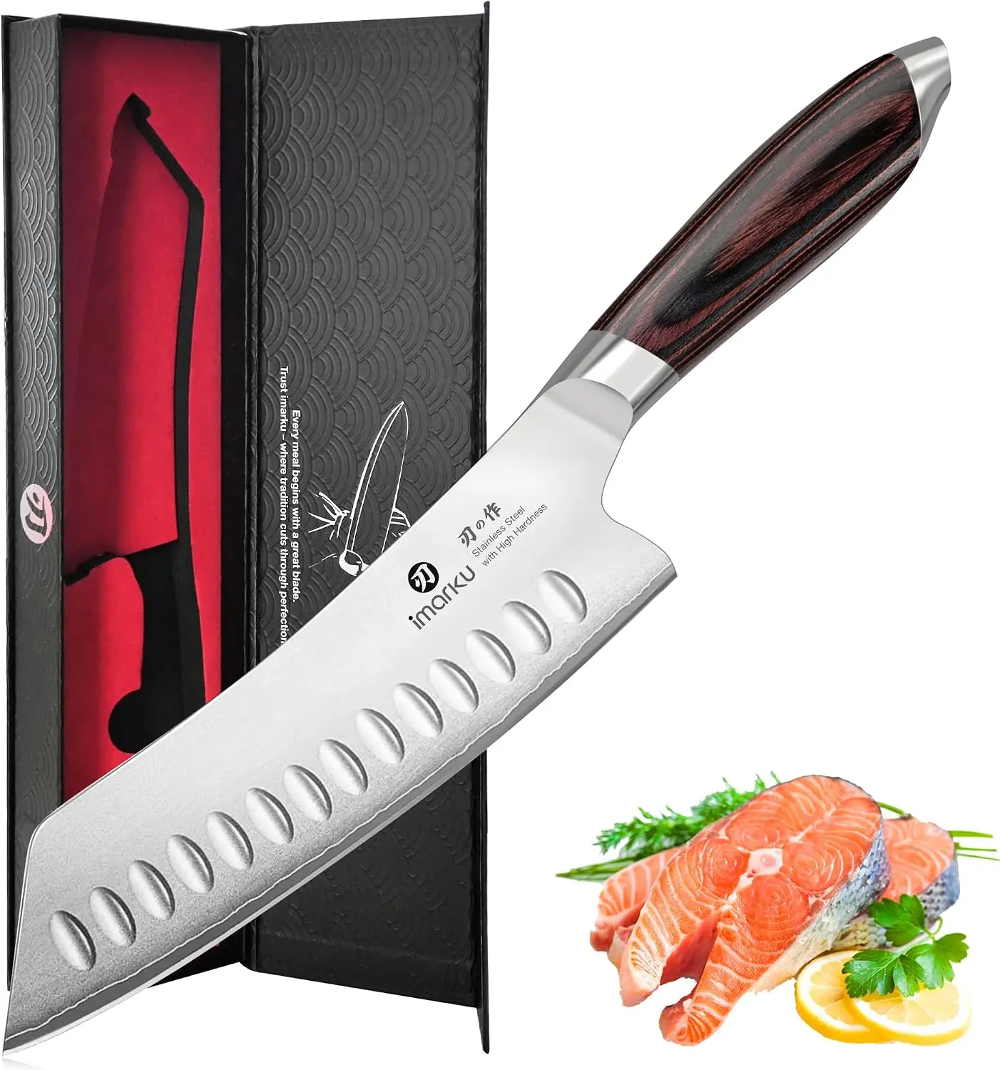 imarku Santoku Chef Knife 7 Inch, Ultra Sharp High Carbon Stainless Steel Japanese Kitchen Knife with Hollow Edge | Ergonomic Pakkawood Handle, Gift Box for Meat/Vegetables/Tomatoes & Daily Cooking
