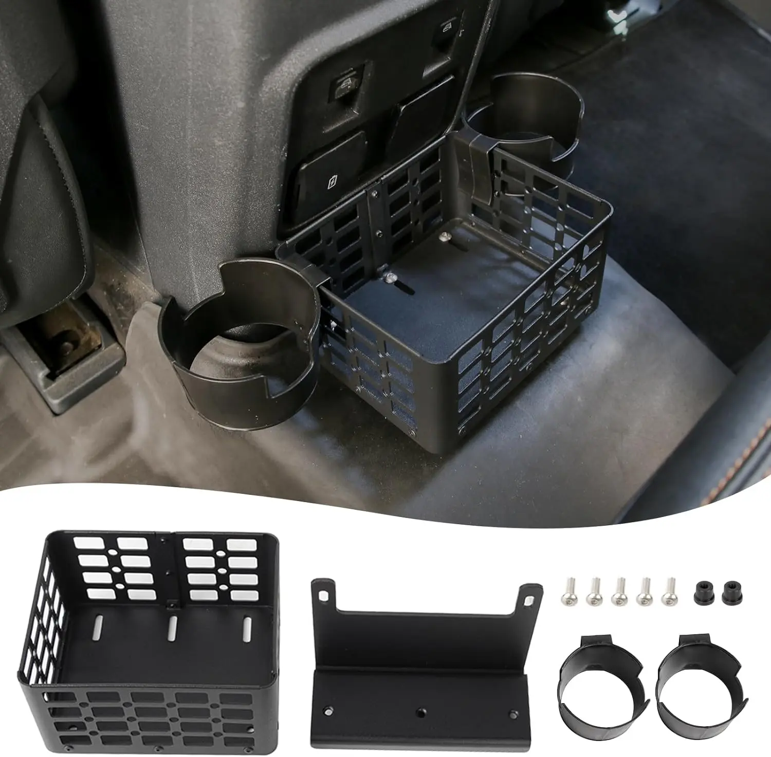 Rear Dual Cup Holders Floor Console Storage Box for Ford Bronco 2021-2023 (Non-Sport) 2/4 Door, Tool-Free Install Aluminum Alloy Multifunctional Interior Accessory with Coin Organizer, Center Item Holder, More Storage Space, Removable Bracket, Metal, Brac