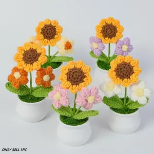 Crochet Sunflower Potted Plant, 4 Counts/set Cute Crochet Flower, Handmade Crochet Bouquet, Crochet Artificial Flowers, Desktop Decoration for Home Office, Gift for Mom, Birthday Gift, Fruit