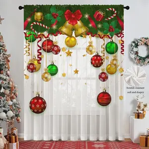 1PC Christmas-Themed Printed Sheer Curtain | Shimmering Gorgeous Ribbons, Christmas Balls & Star Bells | Semi-Transparent Fabric, Rod Pocket Style | Living Room & Bedroom Choice - Elevate Christmas Decor - Net Curtains