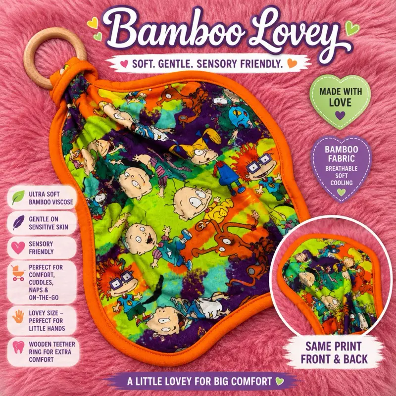 Bamboo Lovey Ultra Soft Bamboo Viscose Sensory Friendly Lovey Size with Wooden Teether Ring for Extra Comfort