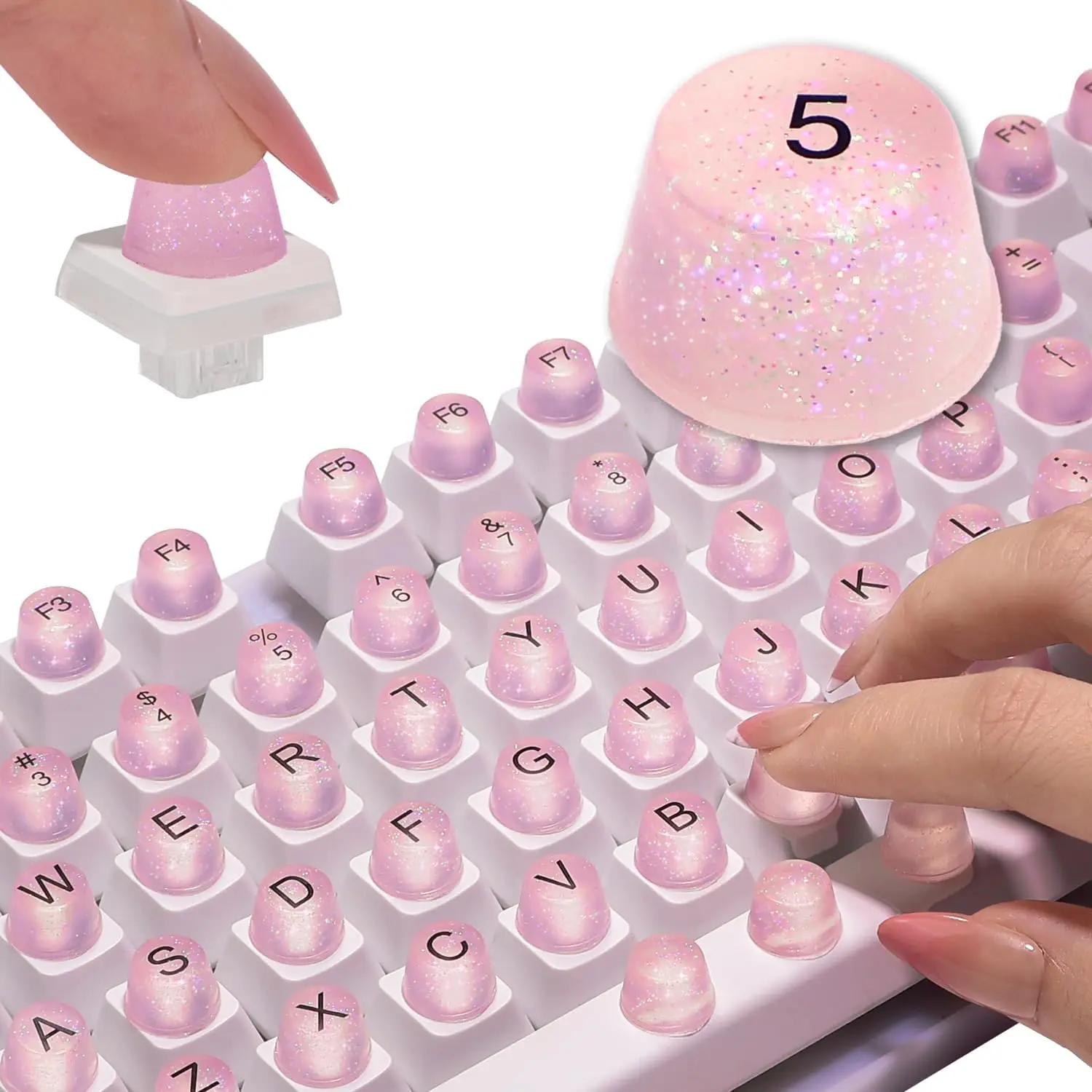 X-KBB01 128 Pcs Bling Effect Keyboard Stickers for Long Nails - Full Key, Upgraded Adhesive, Bubble-Free, Comfortable Typing, Easy to Apply & Remove, Perfect Gift for Office/Gaming Girls (Sparkly Pink, All Seasons, Adults), Easy To Apply And Remove