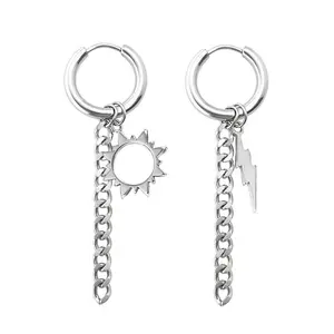 Hip Hop Stainless Steel Asymmetric Earrings Fashion Silver Sun Lightning Charm Metal Tassel Earrings For Women Men