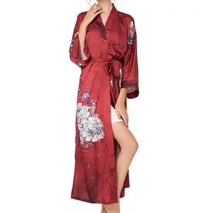 Women's Long Kimono makeup Robe Floral Satin Bathrobe with Removable Belt & French Seams for Bridal Showers & Weddings Lightweight Loungewear
