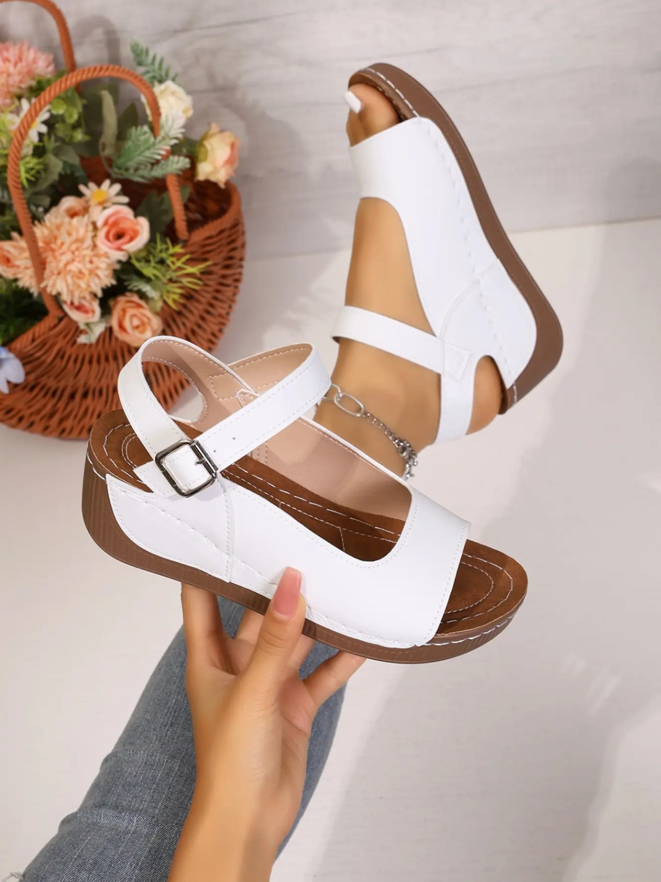Vintage Thick Sole Wedge Sandals for Women, Open Toe Breathable Mom Shoes, Buckle Strap Versatile Casual Trendy Sandals, Summer Daily Wear Fish Mouth Sandals, Fashionable Wedge Sandals