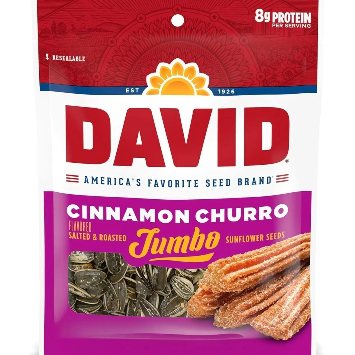DAVID Jumbo Sunflower Seeds, Cinnamon Churro Flavor, Easter Basket Stuffer for Baseball Players, 5.25 oz. (Pack of 12)