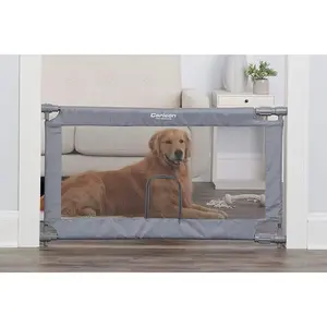 Extra Wide Gray Mesh Expandable Pet Gate with Small Pet Door, Includes Rubber Bumpers