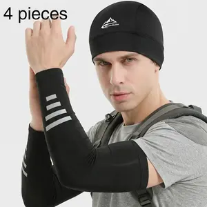 4pcs Cooling Cycling Skull Cap and UV Sun Protection Arm Sleeves Set for Men Women, 2 Helmet Liner Beanies with 2 Pairs Cooling Sleeves for Motorcycle Running Outdoor Sports, Breathable Moisture Wicking Elasticity Gear Black Grey, Protective Sleeve