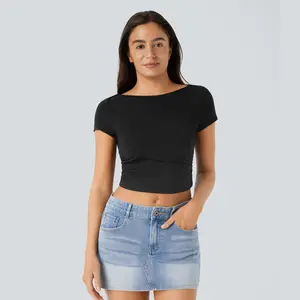 Halara Slash Neck Short Sleeve Ruched Cropped Casual Baby Tee