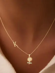 Stainless Steel Chain Necklace, Cute Sunflower Pendant, Stylish Letter Charm, Perfect Gift for Her, All Seasons, Age 25-34