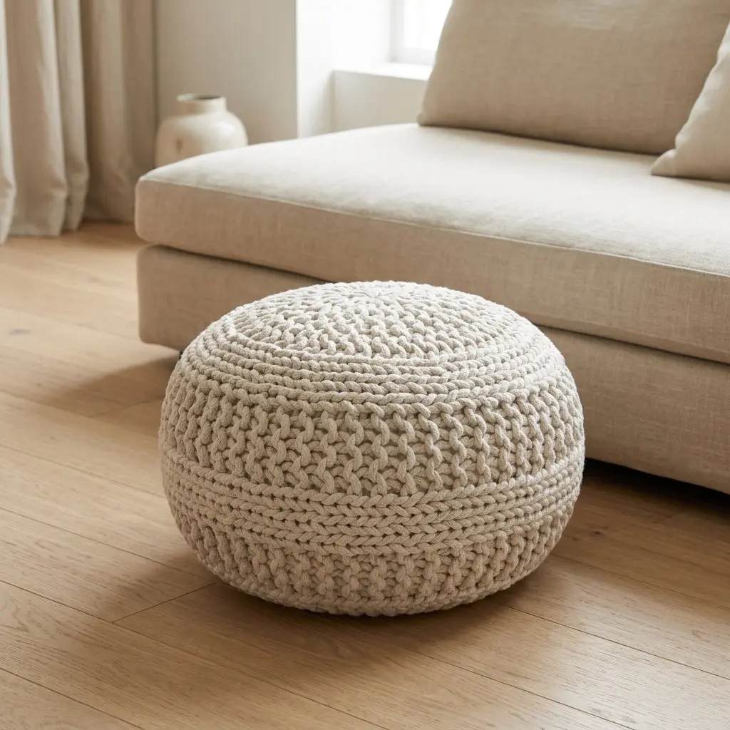 Amelia Round Hand-Woven Upholstered Pouf, Ivory