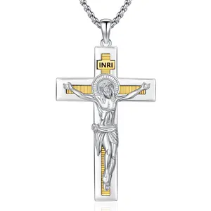 DRINSPER S925 Jesus Crucifix Necklace for Men Women 925 Sterling Silver Jesus Cross Necklace