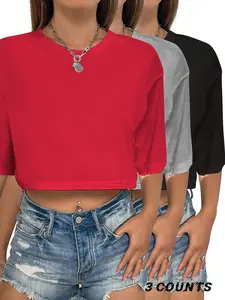 Women's Solid Round Neck Crop Tee, Casual Short Sleeve Crew Neck T-shirt for Summer, Fashion Women's Top for Daily Wear, Women's Clothing, Fit, Everyday