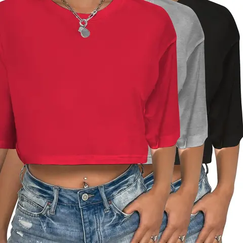 Women's Solid Round Neck Crop Tee, Casual Streetwear Short Sleeve Crew Neck Breathable Basic T-shirt for Summer, Fashion Women's Top, for Daily Wear, Women's Clothing, Loose Fit, Everyday, Baggy, Casual T Shirts