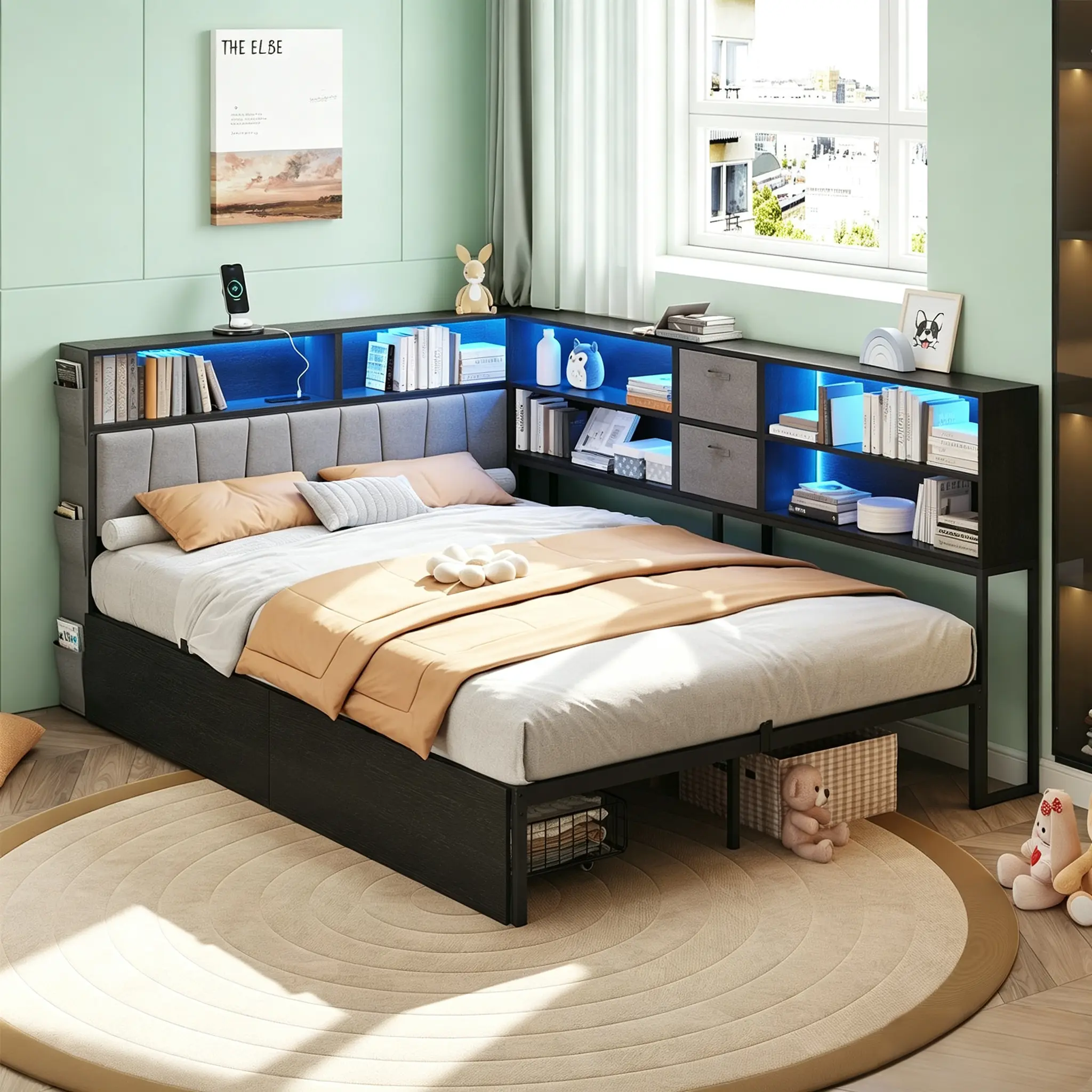 CollaredEagle indoor furniture — bed frames: Twin XL corner bed frame with storage bookcase; kids platform bed unit; charging station; LED light underneath drawers; bedroom furniture; space-saving Twin size bed frame with storage and charging station