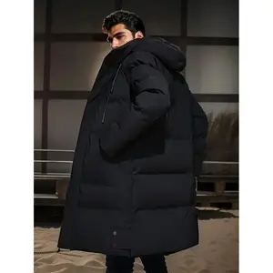 Men's Thickened Hooded Jacket for Winter, Windproof Warmth Polyester Mid-Length Coat with Zipper Closure, Full Function Pockets, Machine Washable, Black Casual Outdoor Skiing, Snowboarding, and Cold Weather Jacket, Stylish Insulat