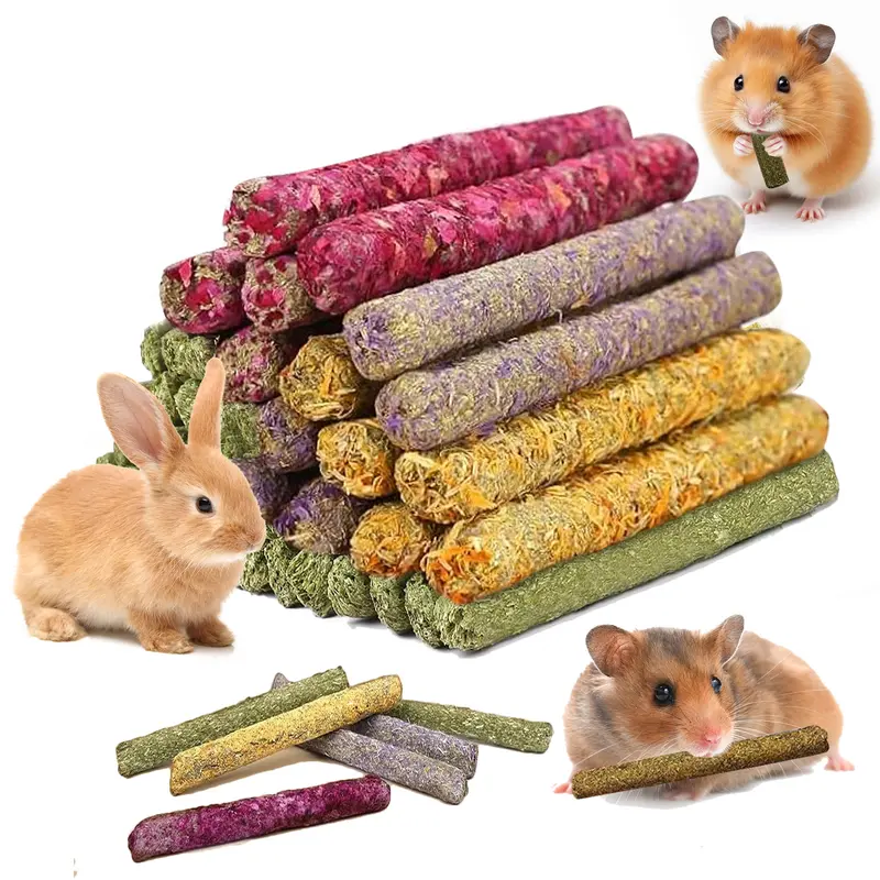 33 Pcs Bulk Handmade Chewing Toys Cylindrical Rabbit Chew Sticks - Natural High-Fiber 4 Different Flavors of Hay Sticks, Rose, Calendula - Gut Health Digestion Aid Molar Snacks for Bunnies (Entertainment, Exercise Support)