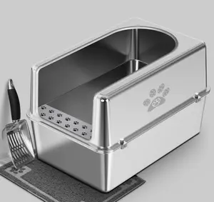 Ptlom Pure metal semi-enclosed stainless steel cat litter box,paw print,Wide Edge Opening,non-stick,leak-proof,odorless,comes with mat and scoop