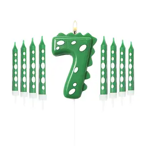 1 set Green Dinosaur Digital Candle and Polka Dot Pencil Candle Set for Children's Birthday Party Decorations Birthday Candles