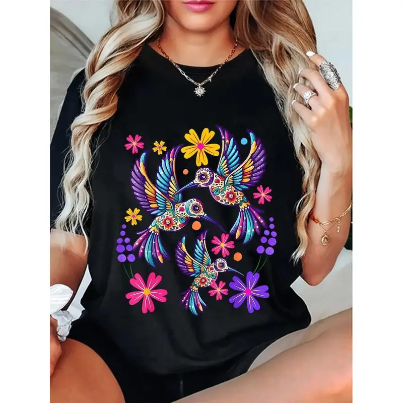 Unisex Hummingbird Colorful Mexican Flowers Bird Floral Nature T-Shirt Novelty Graphic T Shirt funny tshirt Undershirts Tees Casual Streetwear Classic Plain Men's Women Cotton Moisture Wicking  Printed, Graphic, Street, funny, halloween, Men tee