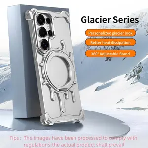 High-End Hollow Alloy Glacier Design Phone Case for Samsung Galaxy S26 Ultra S25 Ultra, Wireless Charging, 360° Rotating Stand, Car Magnet, Heat Dissipation, Drop Protection