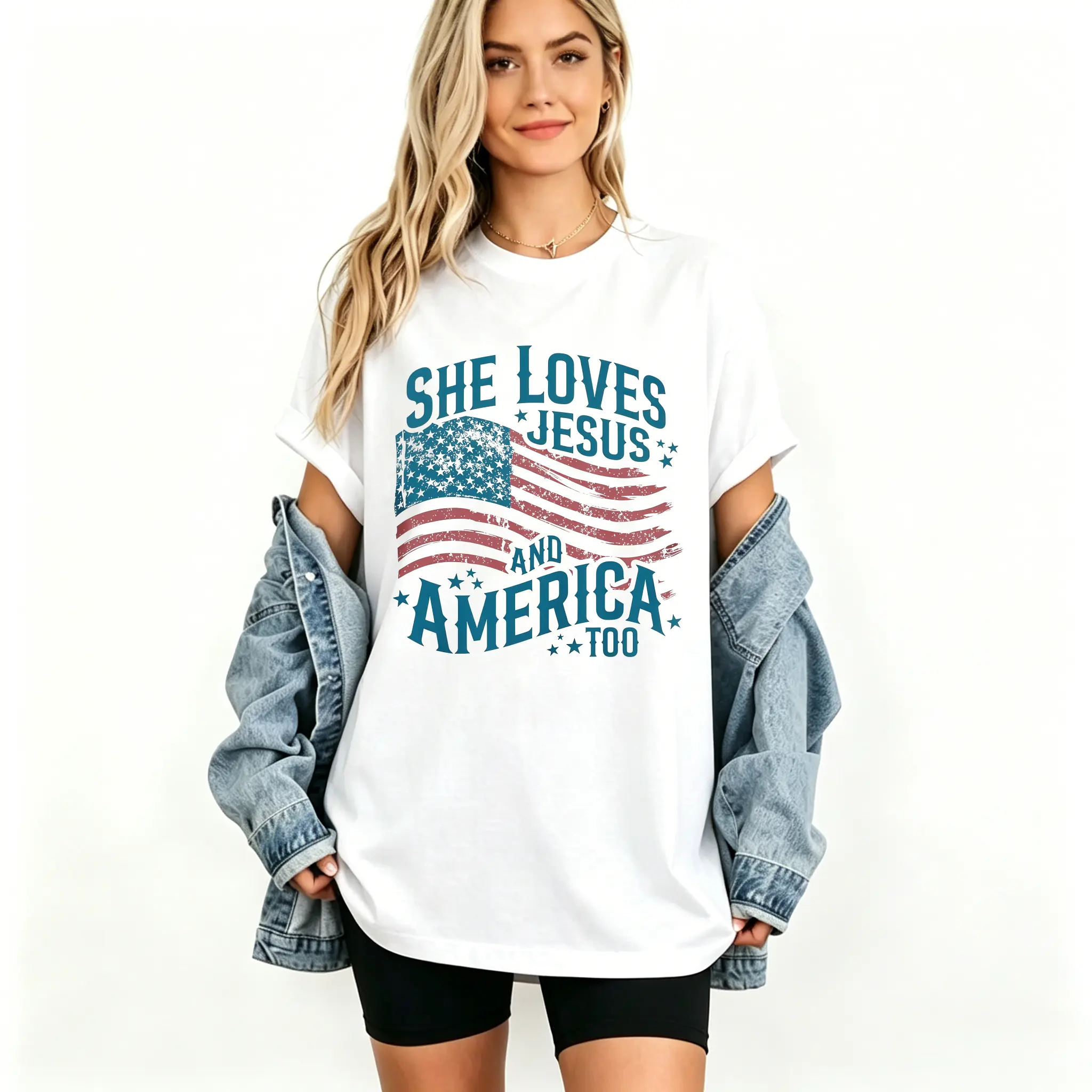 Women's Independence Day Patriotic T-shirt, Christian Shirt, 4th Of July Shirt, She Loves Jesus And America Too Shirt, America Retro Shirt, Usa Shirt, USA Flag Tee for Women