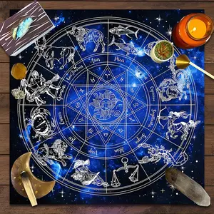 Mystical Zodiac Astrology Design Square Tarot Tablecloth, Witch-style home decor Altar Cloth Multiple Sizes Polyester Fabric, Easy to Clean and Maintain Decorative Divination Cloth for Spreads & Rituals Gift for family and friends