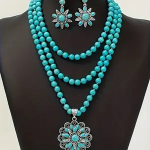 Ring  necklace  watch  scarf European and American Bohemian New Vintage Three Layer Flower Earrings, Turquoise Earrings, Western Style Exaggerated Turquoise Buddha Bead Necklace