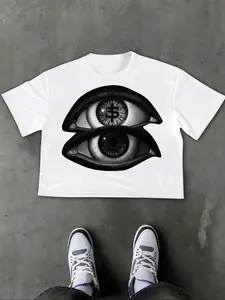 Men's Eye Print Round Neck Crop Tee, Regular Fit Casual Short Sleeve Crew Neck T-Shirt for Daily Wear, Fashion Men's Top for Summer, Tropical Streetwear